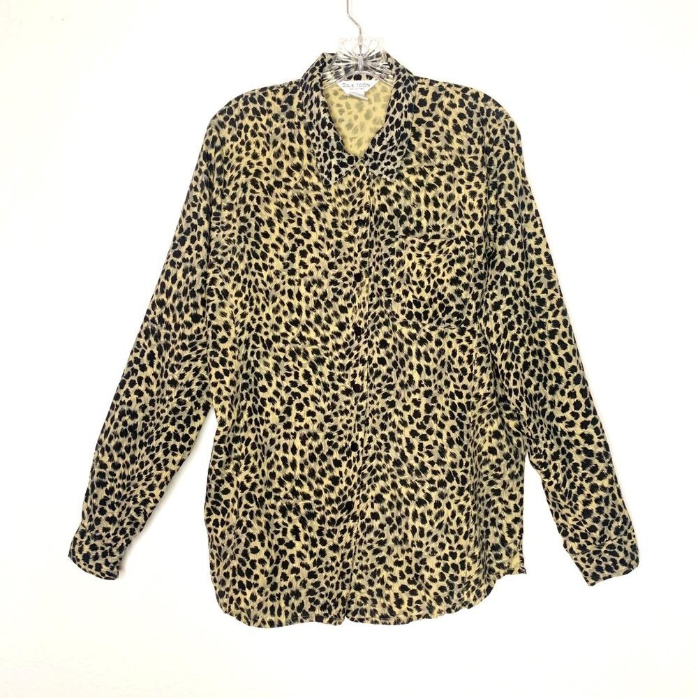 Vintage Silk Icon Collection Leopard Print Silk Button Down Shirt Women’s Large